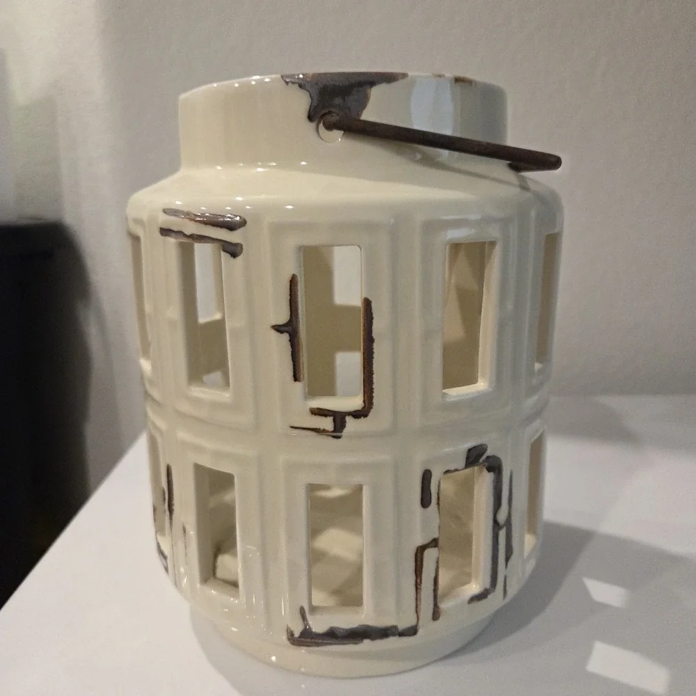 2 Ashland Spring Candle Collection White Ceramic Lanterns Rustic Farmhouse Set